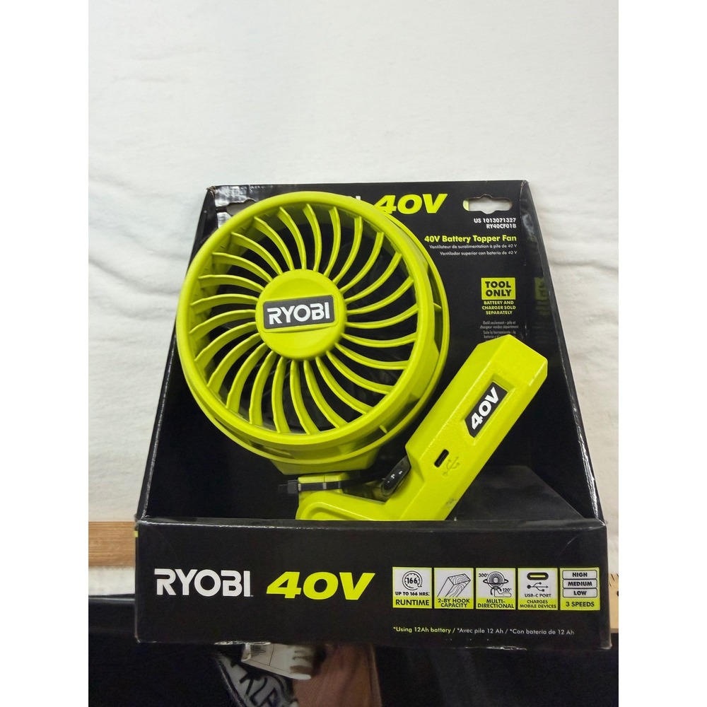 Ryobi 40V Battery Topper Fan Unisex One Size Green New Portable USB-C 3-Speed